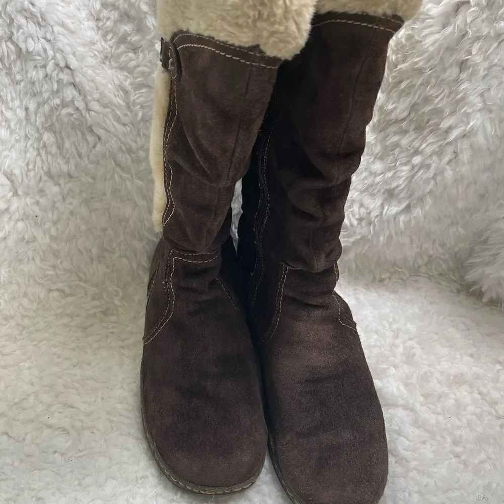 BareTraps Ellery leather suede Brown mid calf boots with faux fur lining SZ9W